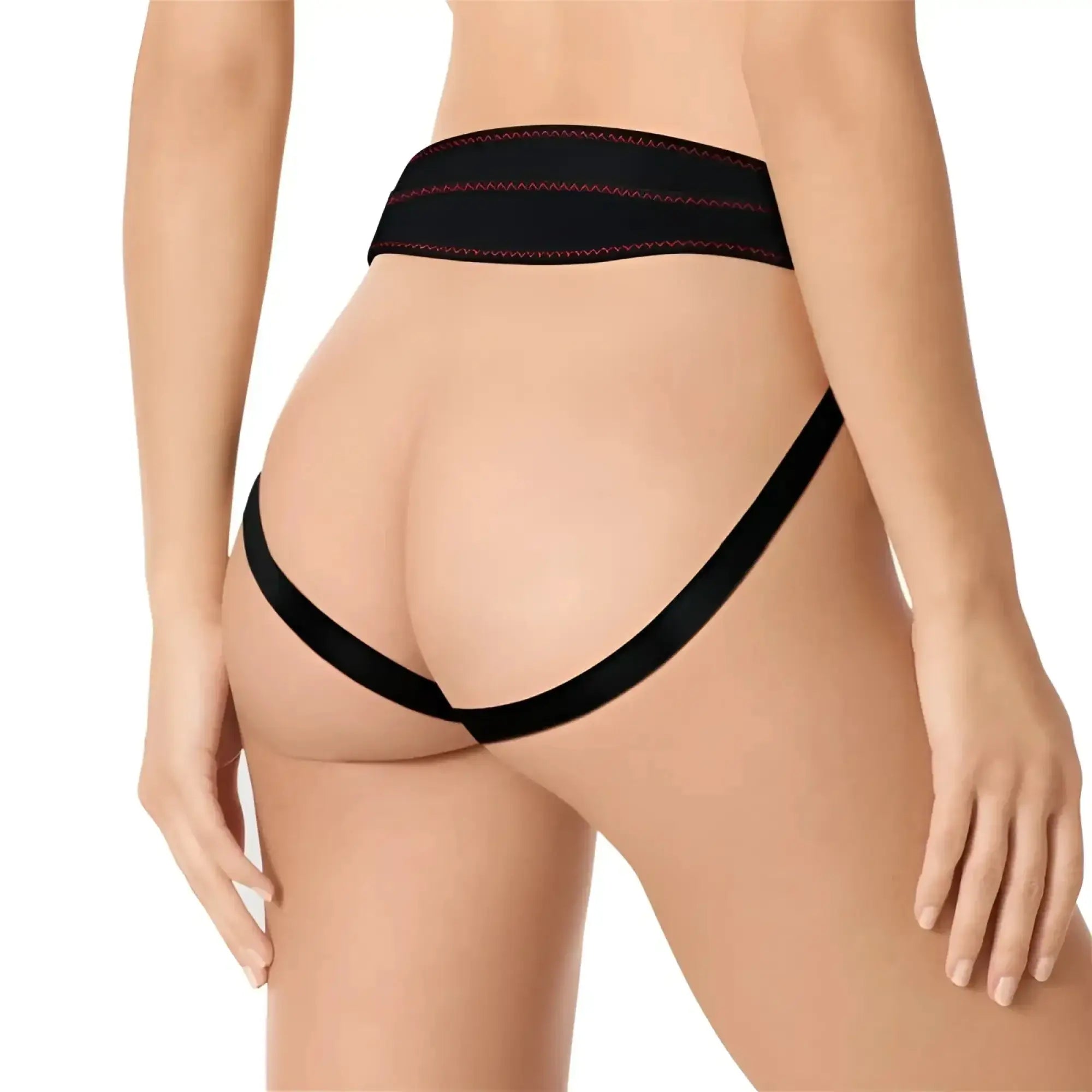 Black lace thong with red stitching along the waistband from lovetoy easy strap on set 7.5in