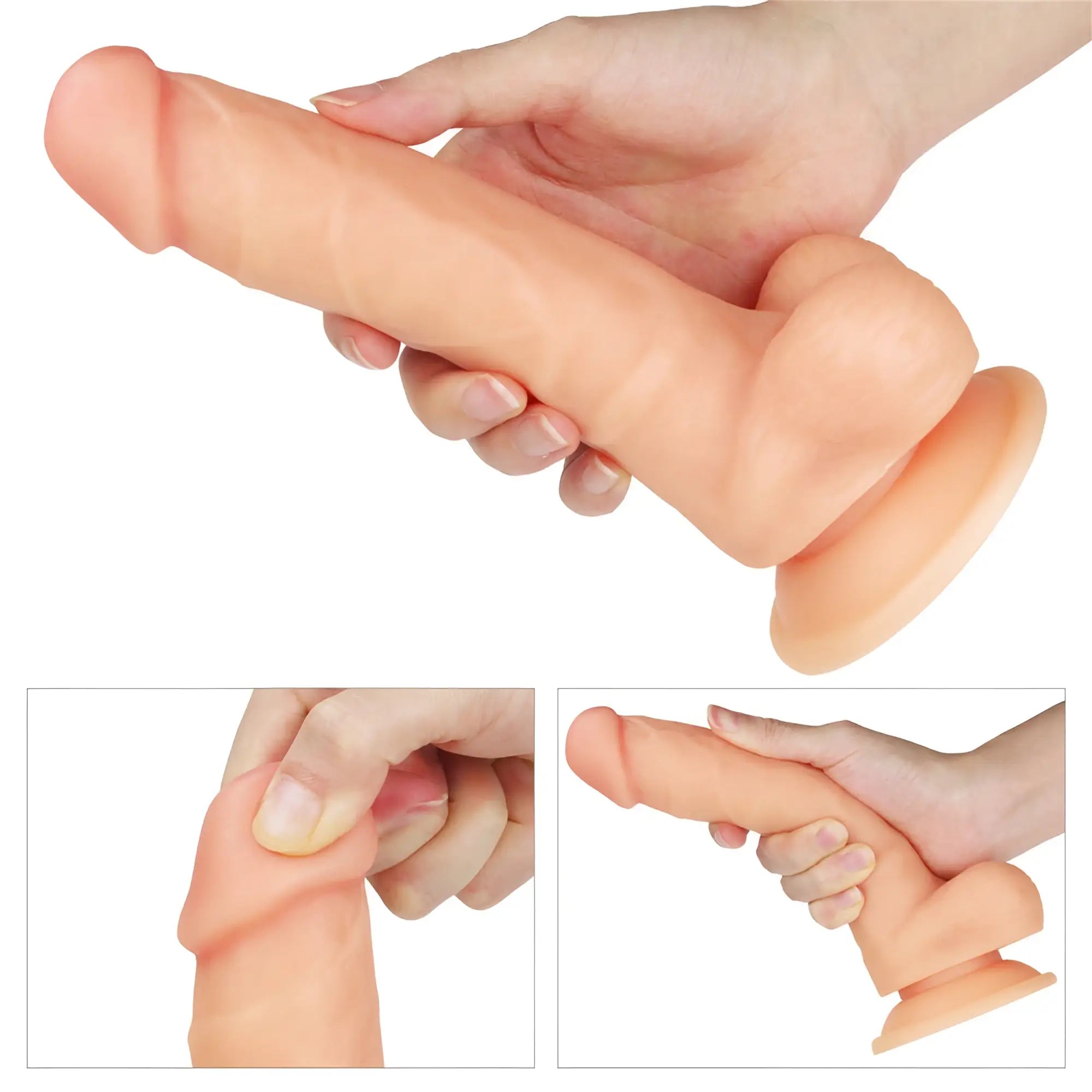Peach-colored silicone dildo with textured grip and suction cup base from lovetoy easy strap on set 7.5in