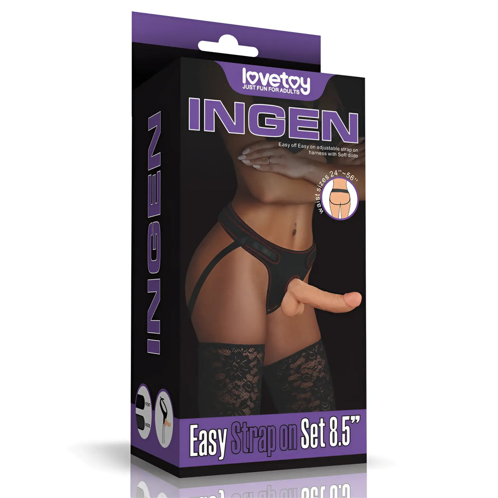 Black lace lingerie set with adjustable straps and soft silicone finish branded ingen by lovetoy for easy strap on use