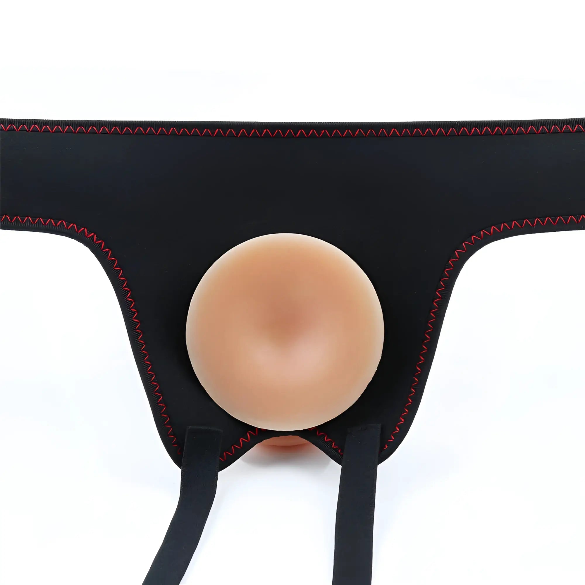 Black silicone traction belt with red zigzag stitching and beige rounded insert in Lovetoy Easy Strap On Set 8.5in