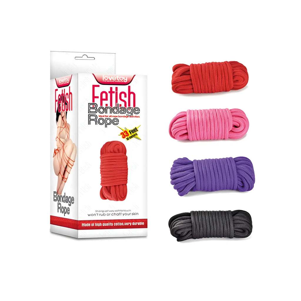 Set of four colorful 10m cotton bondage ropes in red pink purple and black by lovetoy fetish bondage rope