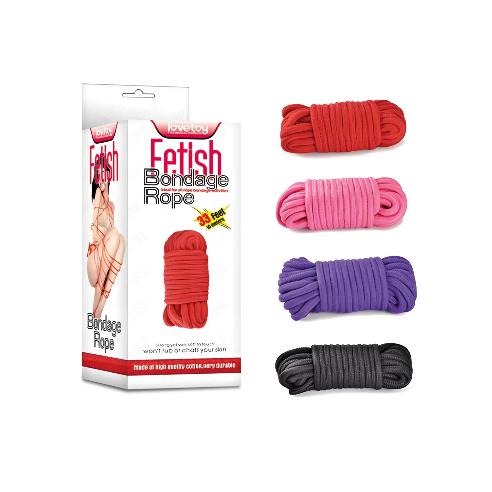 Set of four colorful 10m cotton bondage ropes in red pink purple and black by lovetoy fetish bondage rope
