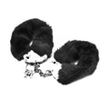 Black faux fur handcuffs with silver metal clasps and chain for fetish pleasure by lovetoy fluffy hand cuffs black