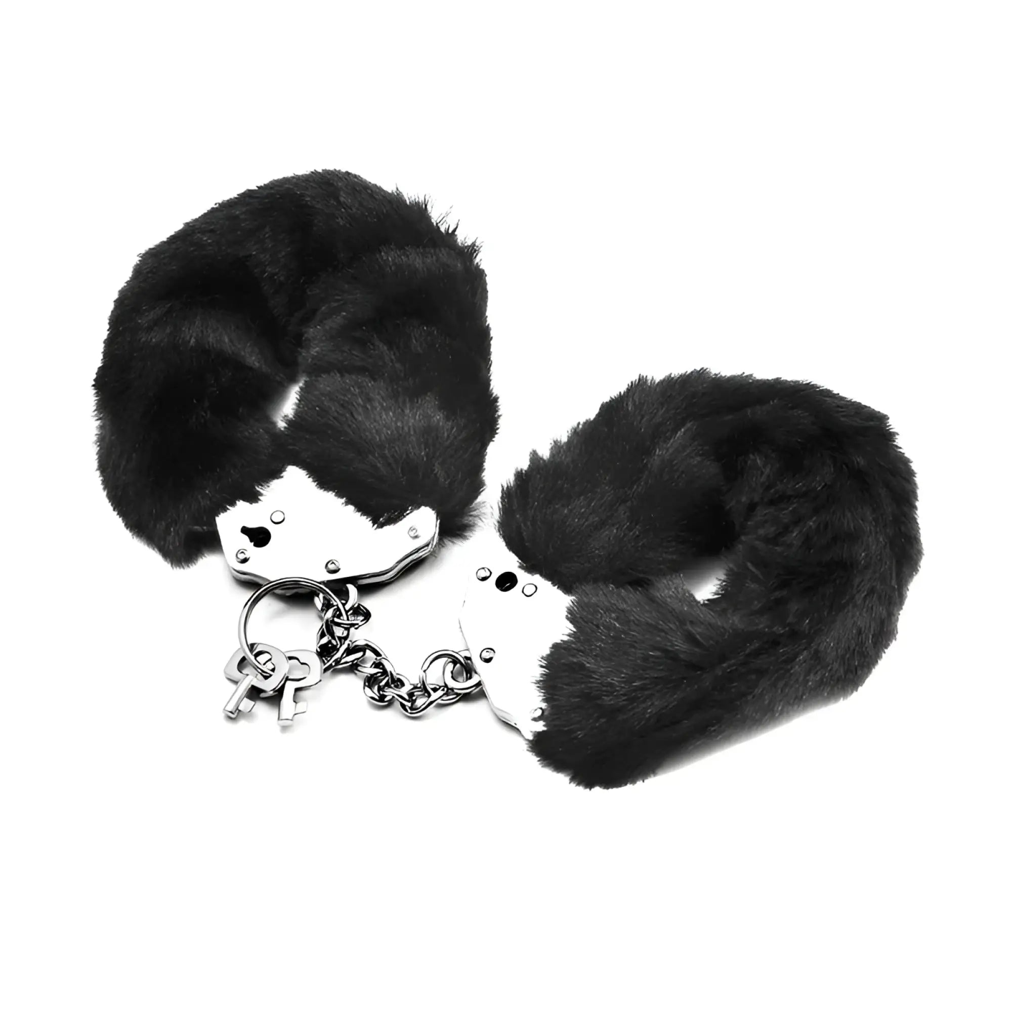 Black faux fur handcuffs with silver metal clasps and chain for fetish pleasure by lovetoy fluffy hand cuffs black