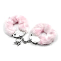 Lovetoy fetish pleasure fluffy hand cuffs in pink with faux fur, silver metal plates, chain, and attached key