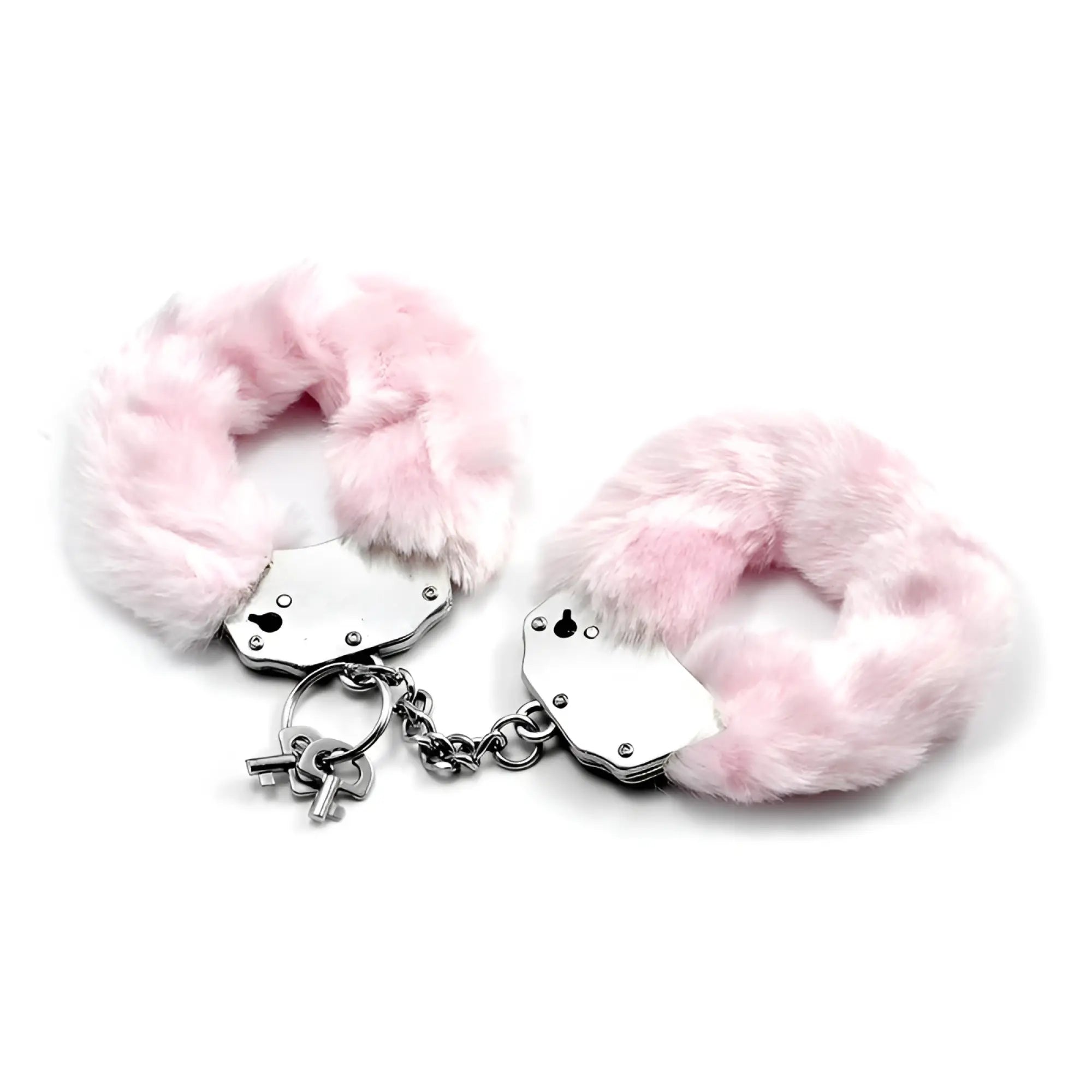 Lovetoy fetish pleasure fluffy hand cuffs in pink with faux fur, silver metal plates, chain, and attached key