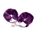 Lovetoy fetish pleasure fluffy hand cuffs purple with purple faux fur, silver metal plates, and chain key