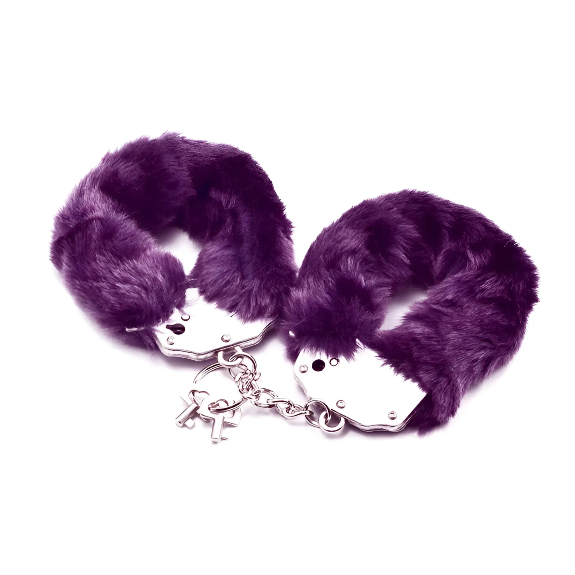Lovetoy fetish pleasure fluffy hand cuffs purple with purple faux fur, silver metal plates, and chain key