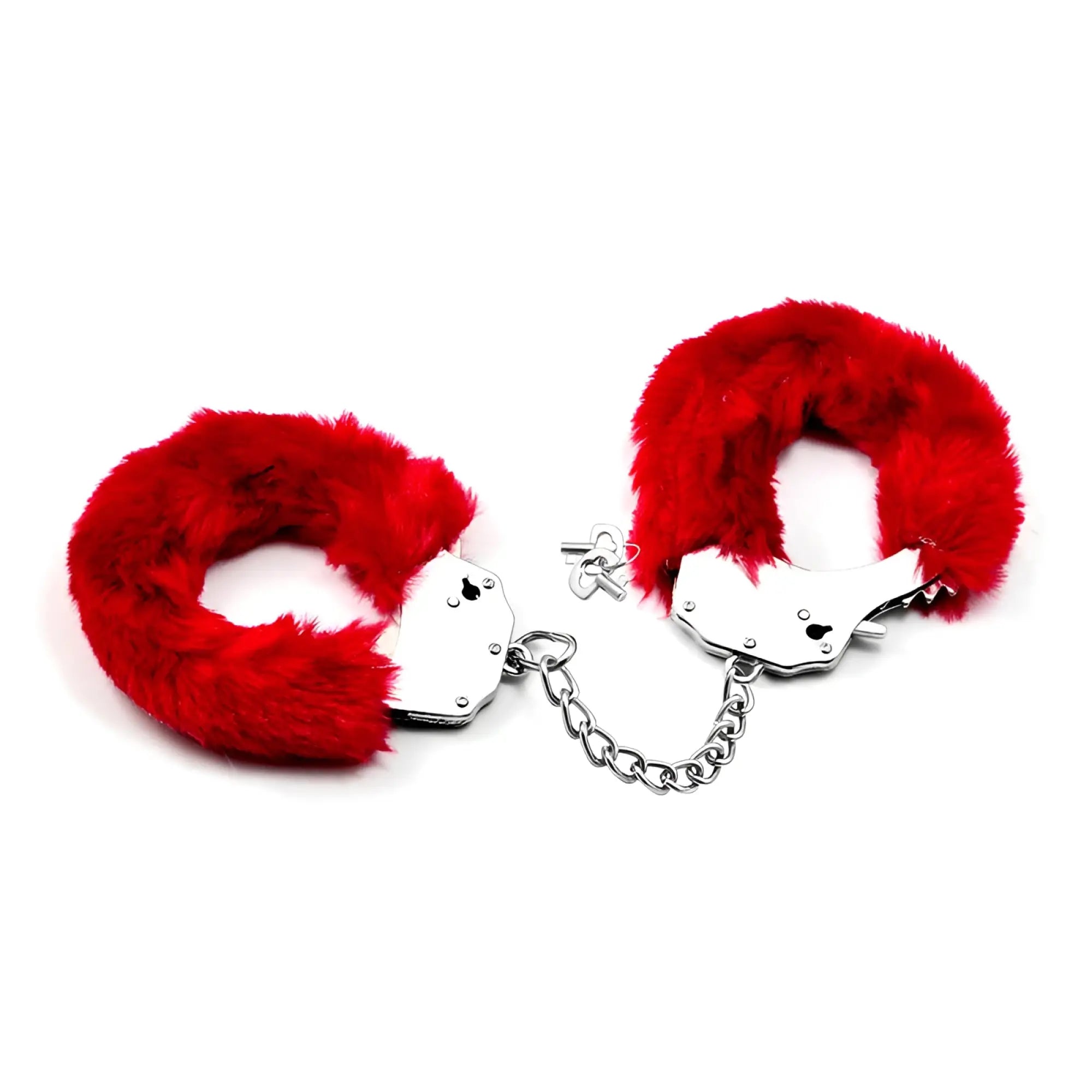 Lovetoy fetish pleasure fluffy hand cuffs in red with red faux fur and silver metal clasps and chain