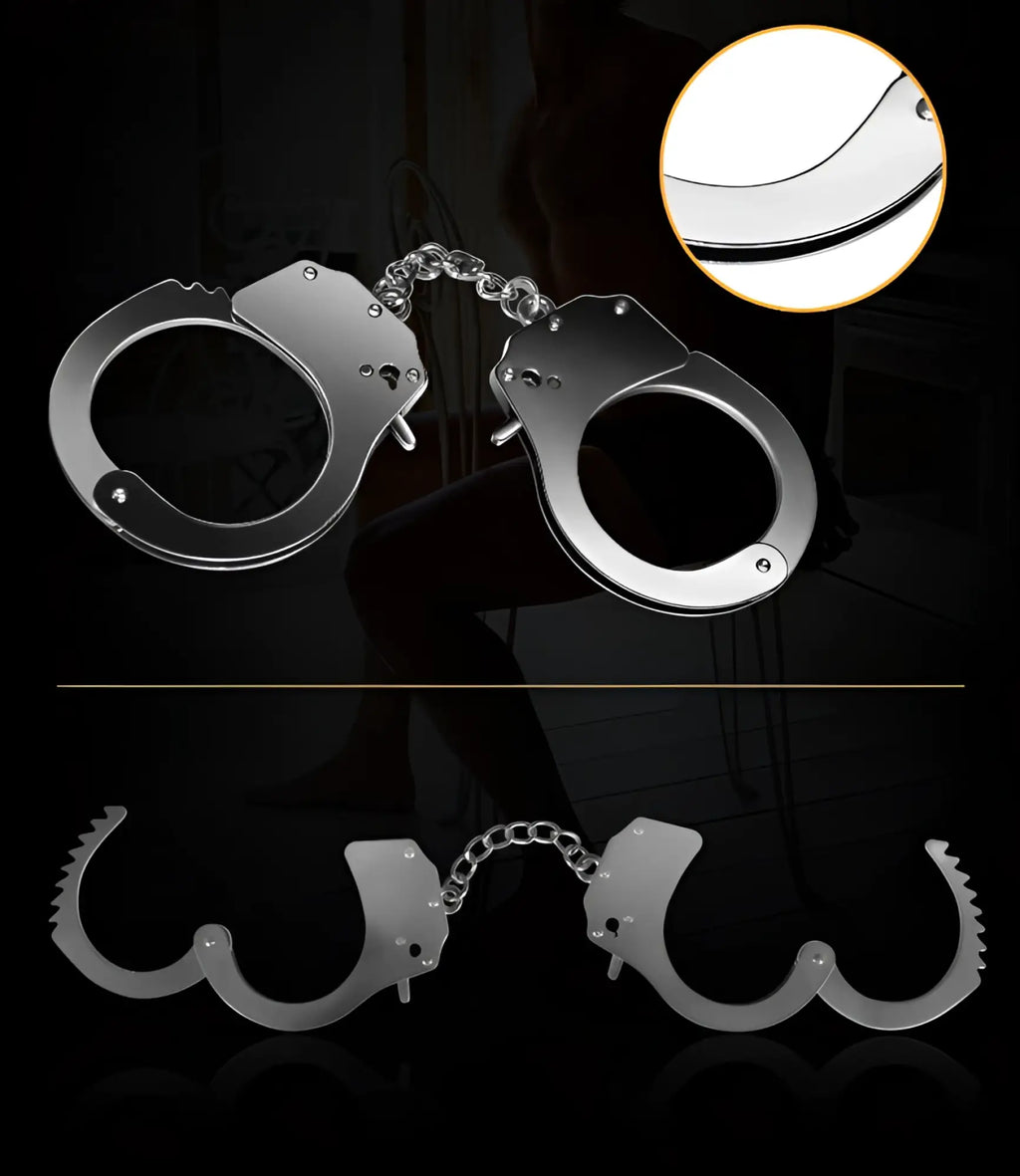 Lovetoy fetish pleasure silver metal hand cuffs with a chain link connecting the two silver-toned metal cuffs