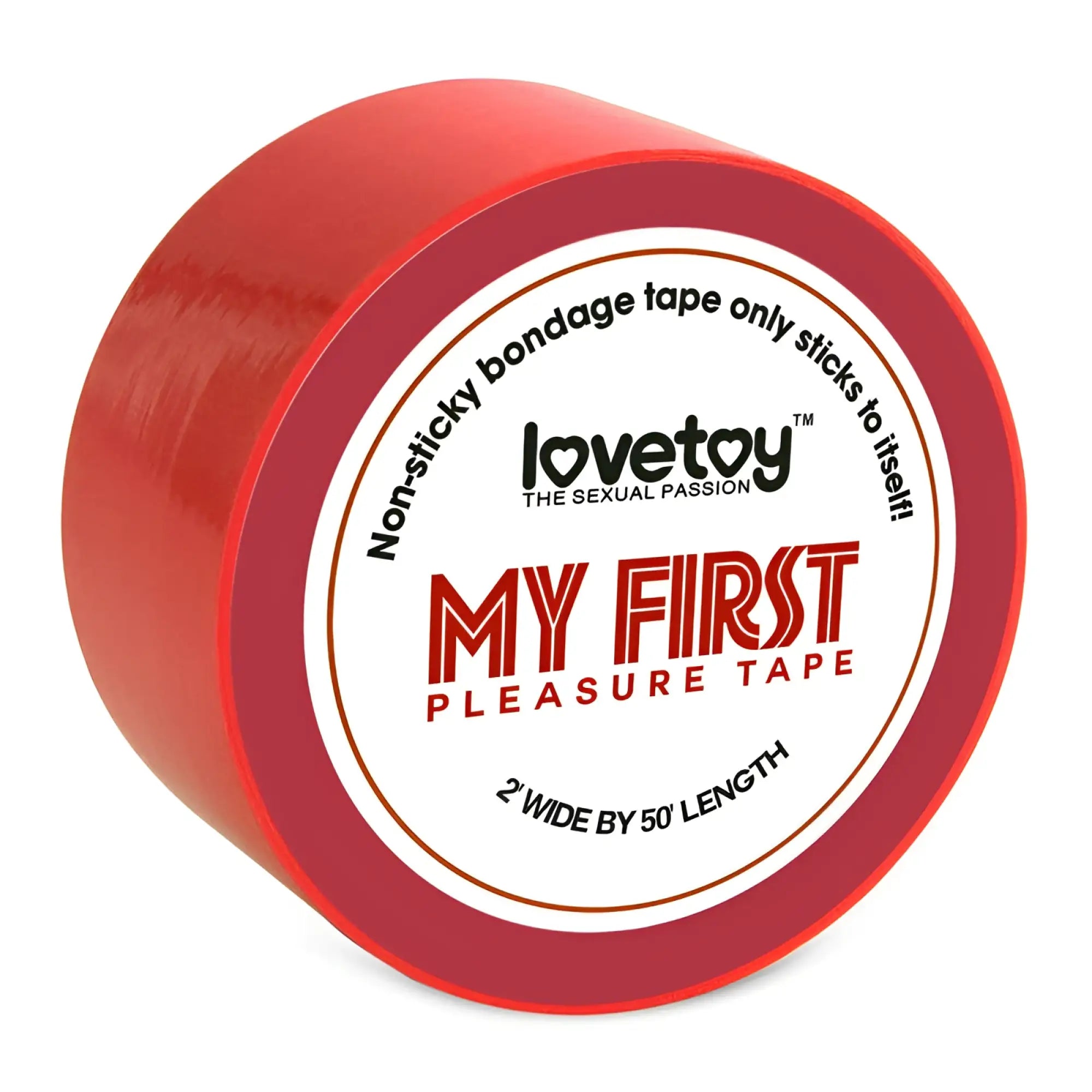 Red non-sticky bondage tape by Lovetoy labeled my first pleasure tape designed for beginners