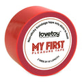 Red non-sticky bondage tape by Lovetoy labeled my first pleasure tape designed for beginners