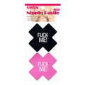 Lovetoy fuck me cross pattern nipple pasties twin pk featuring black and pink adhesive nipple covers