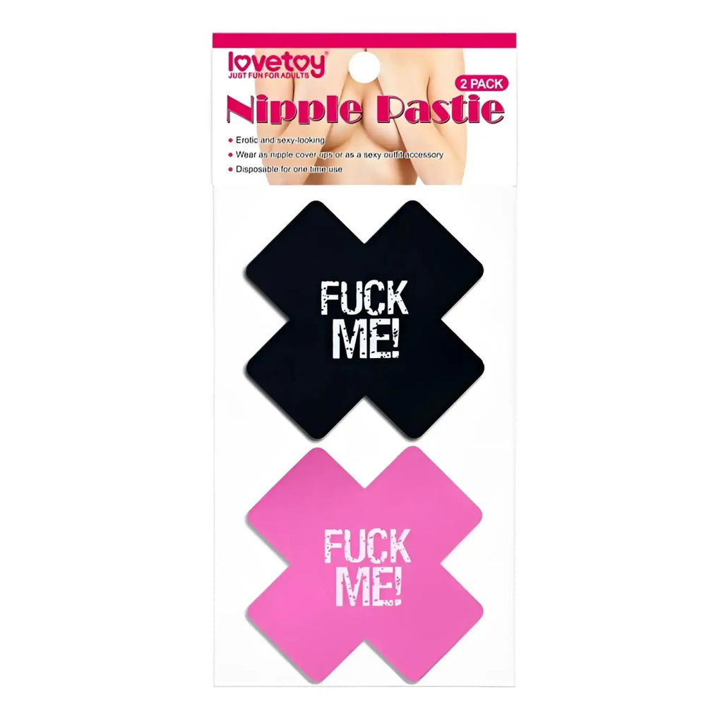 Lovetoy fuck me cross pattern nipple pasties twin pk featuring black and pink adhesive nipple covers