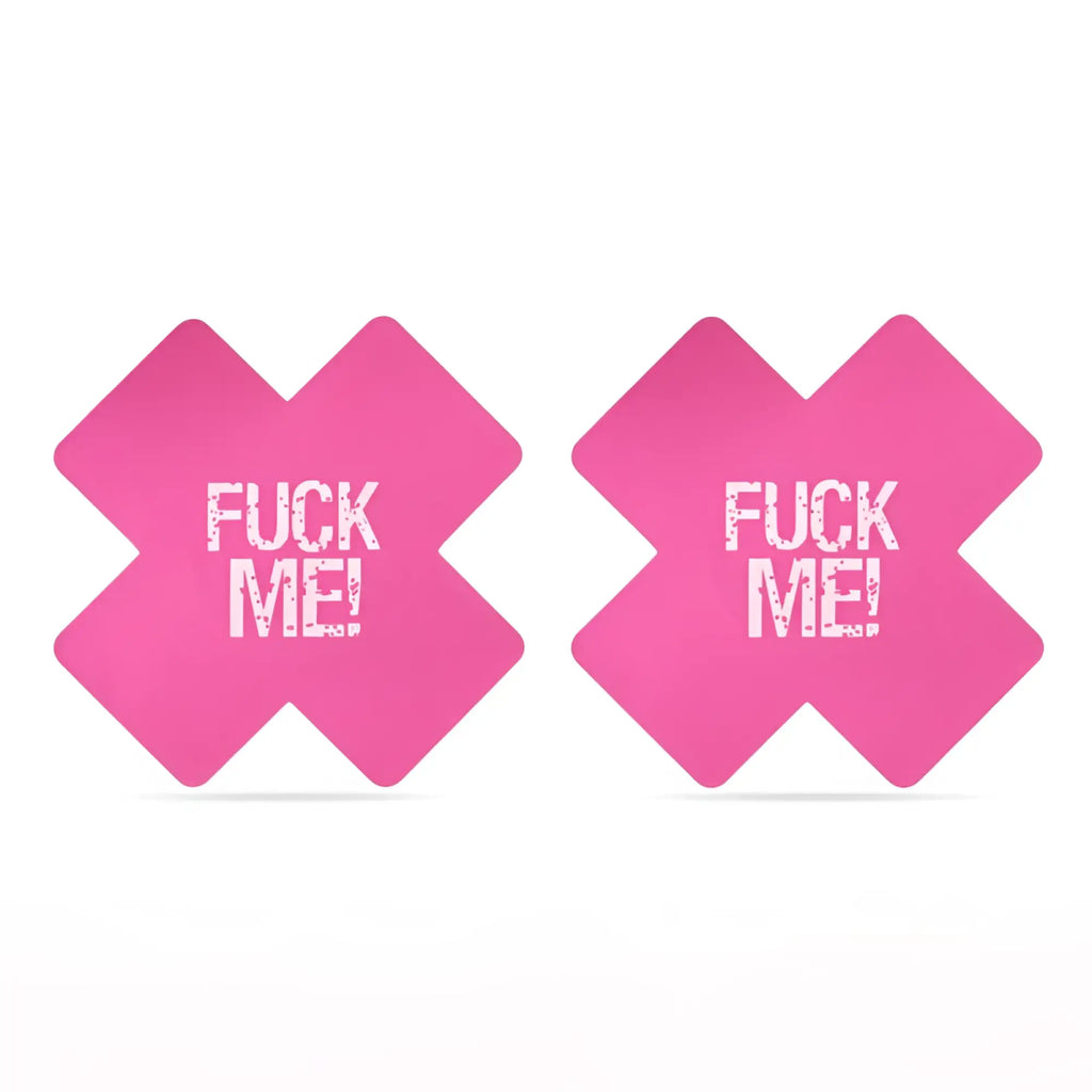 Lovetoy fuck me cross pattern nipple pasties twin pack bright pink x-shaped adhesive breast pads with distressed text