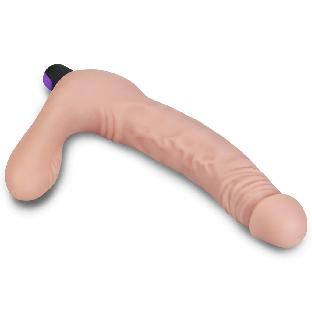 Beige silicone lovetoy ijoy rechargeable strapless strap on with black and purple button at the base