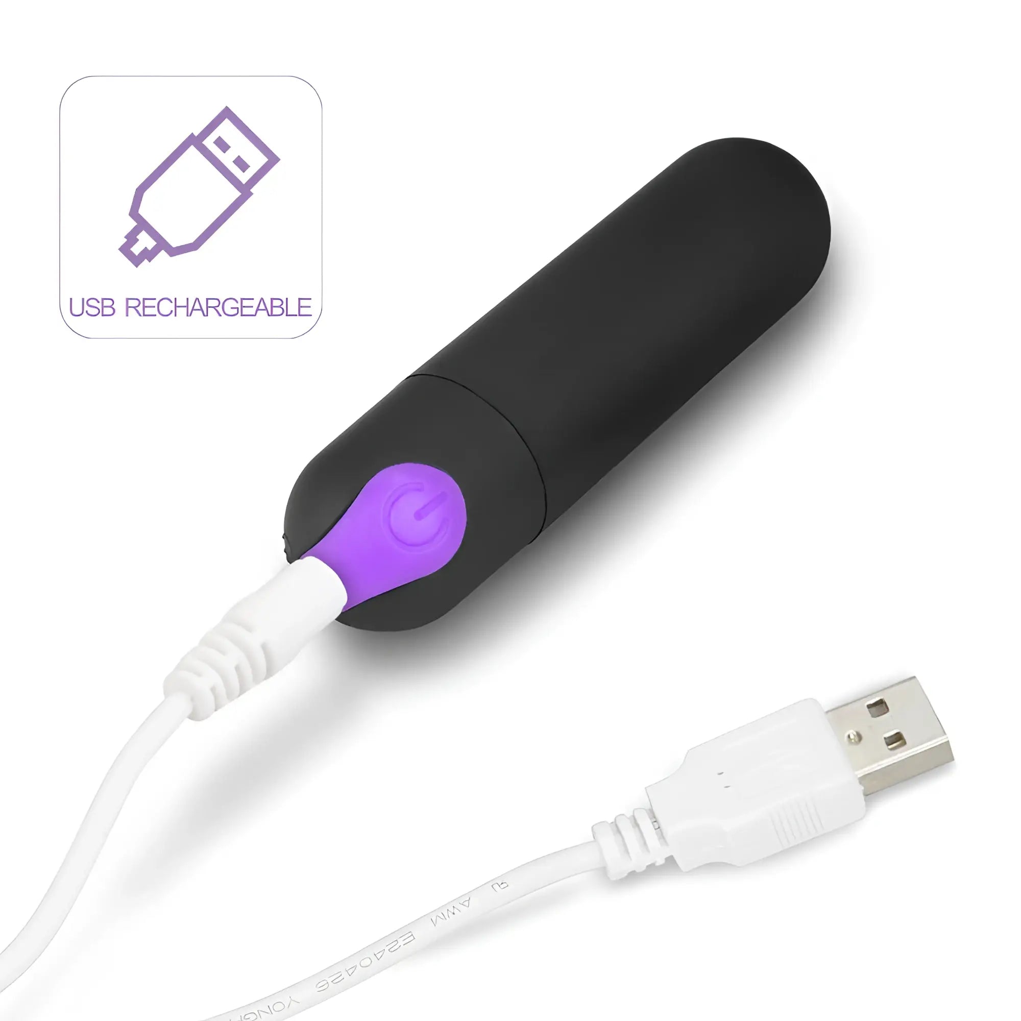 Black Lovetoy IJOY rechargeable strapless strap on vibrator with purple power button and white USB charging cable