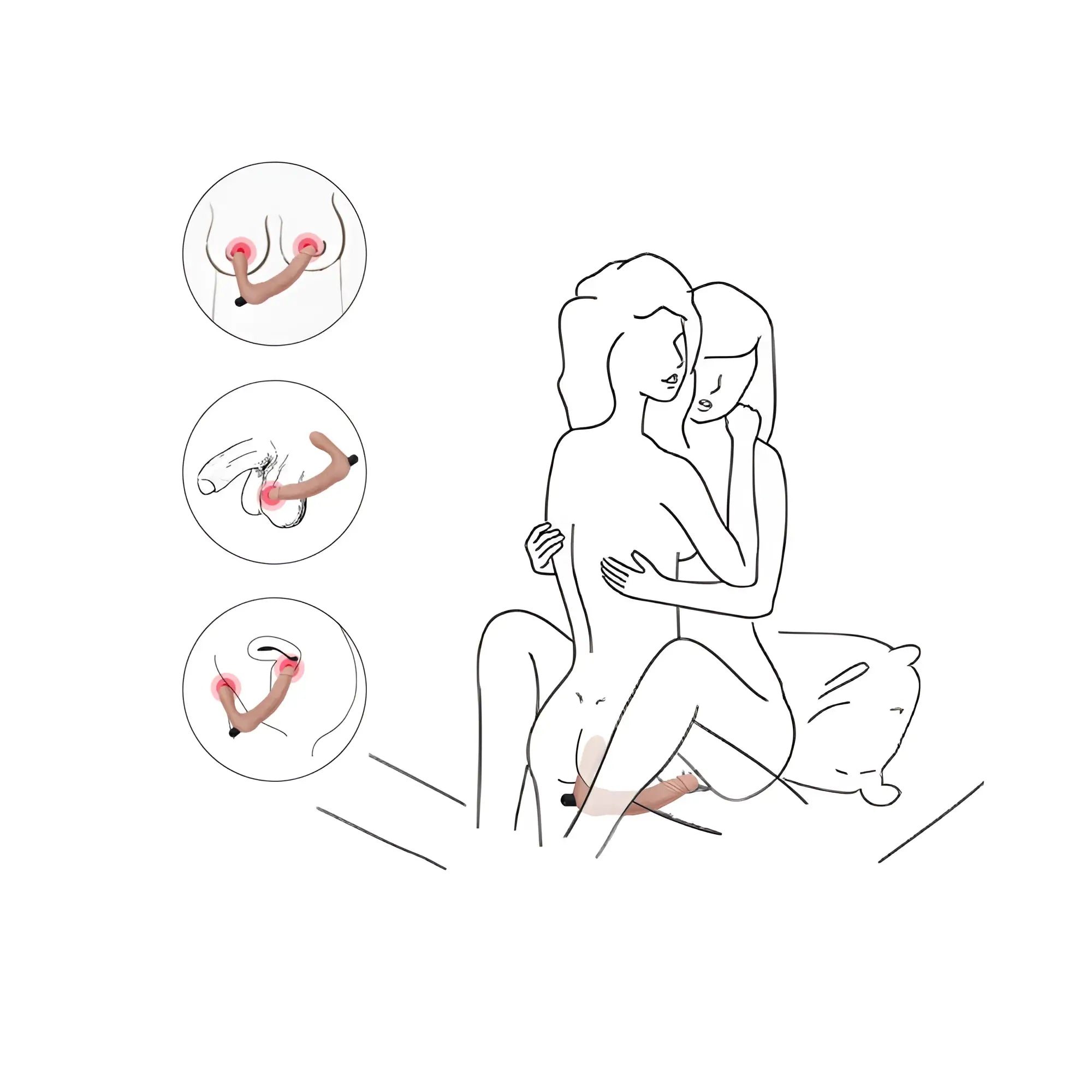 Diagram showing lovetoy ijoy rechargeable strapless strap on in use with three anatomical placements and functions
