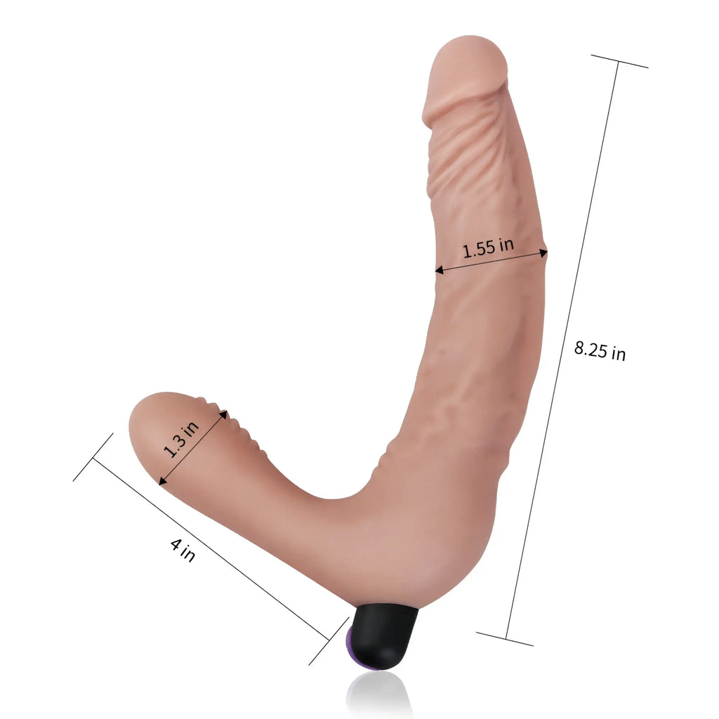 Peach-colored silicone lovetoy ijoy rechargeable strapless strap on with curved design and realistic skin texture black base
