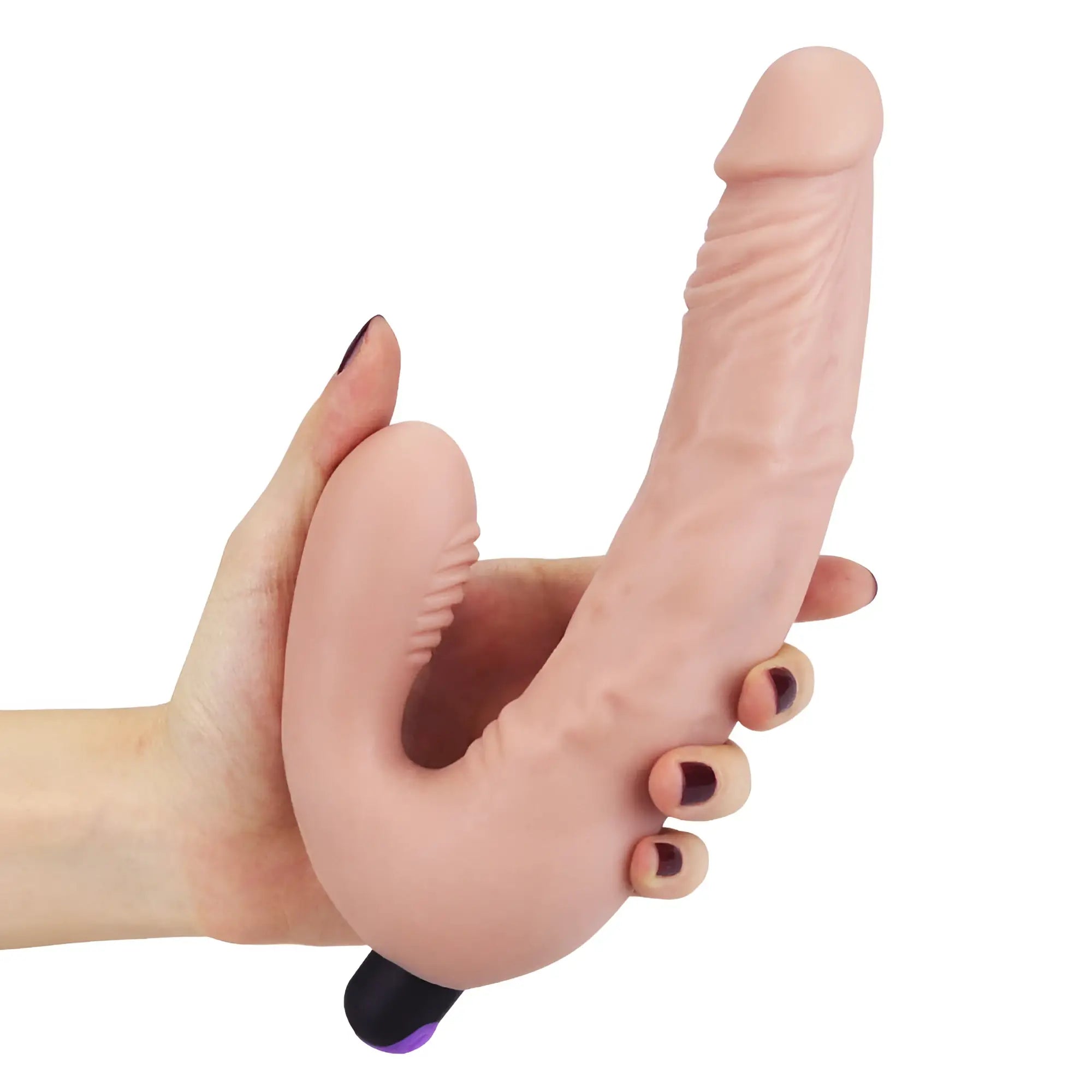 Pink silicone lovetoy ijoy rechargeable strapless strap on with curved design and black purple base shown from back side