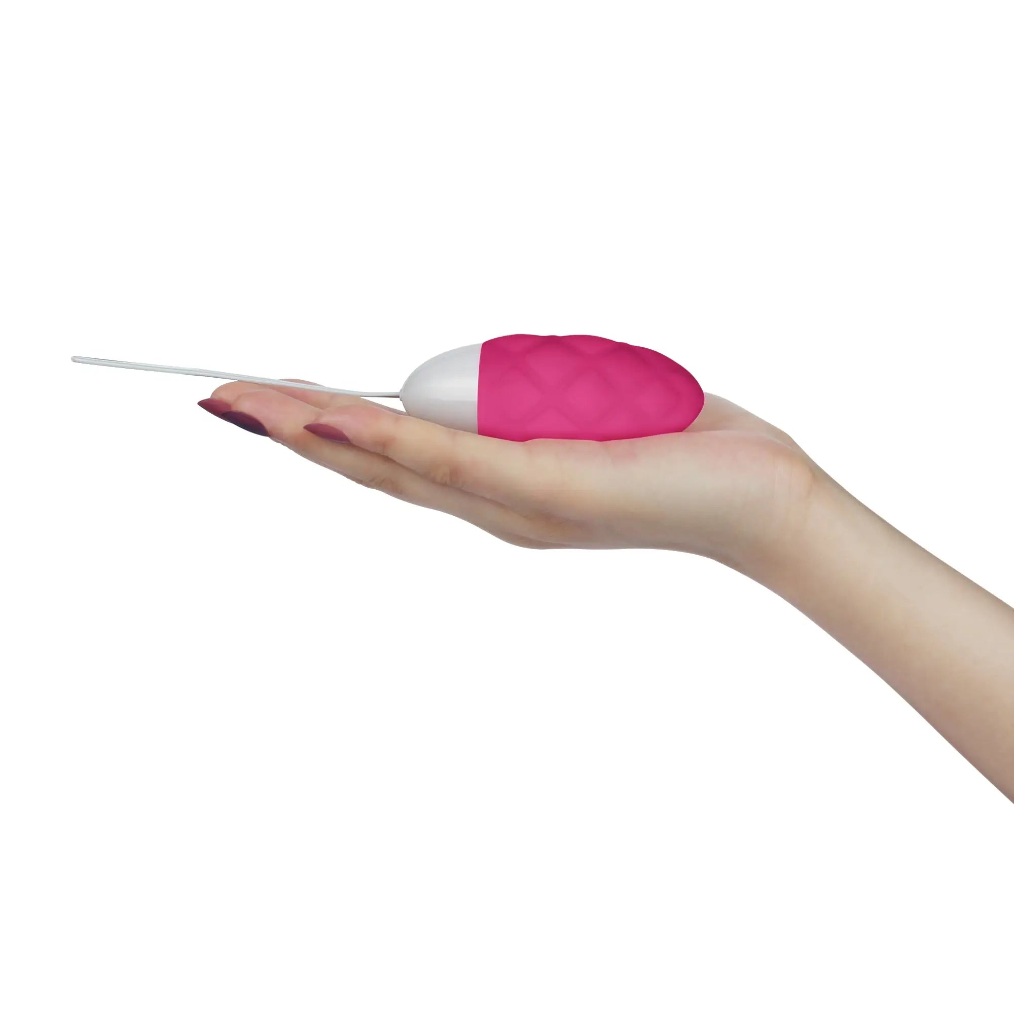 A vibrant pink and white silicone wireless remote control rechargeable egg vibrator with a slender metallic stem