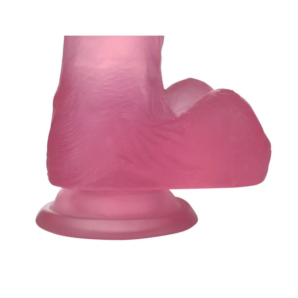 Pink translucent silicone dildo with textured surface and rounded base lovetoy jelly studs 6in crystal dildo small pink s