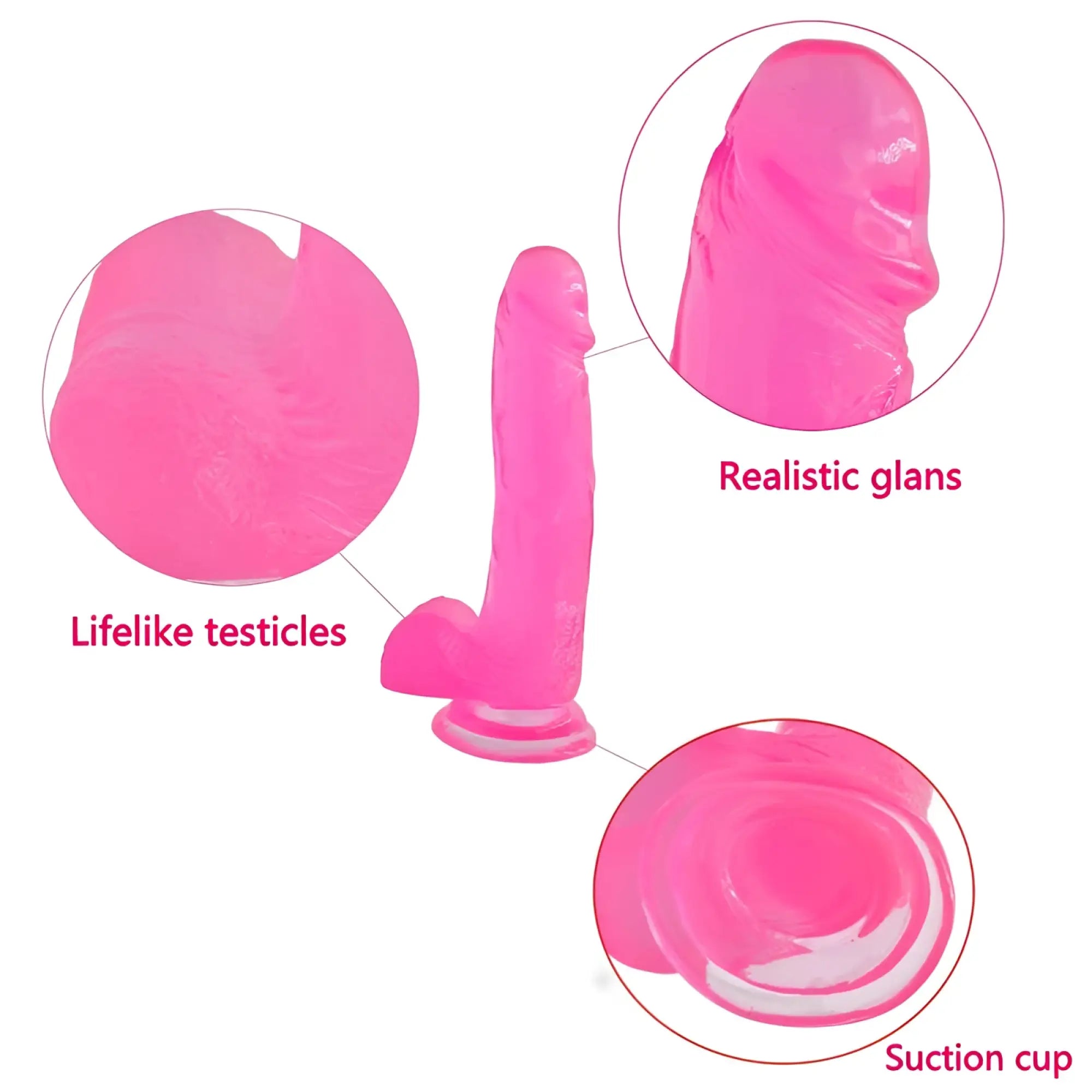Pink silicone lovetoy jelly studs 8in crystal dildo with realistic glans testicles and suction cup base