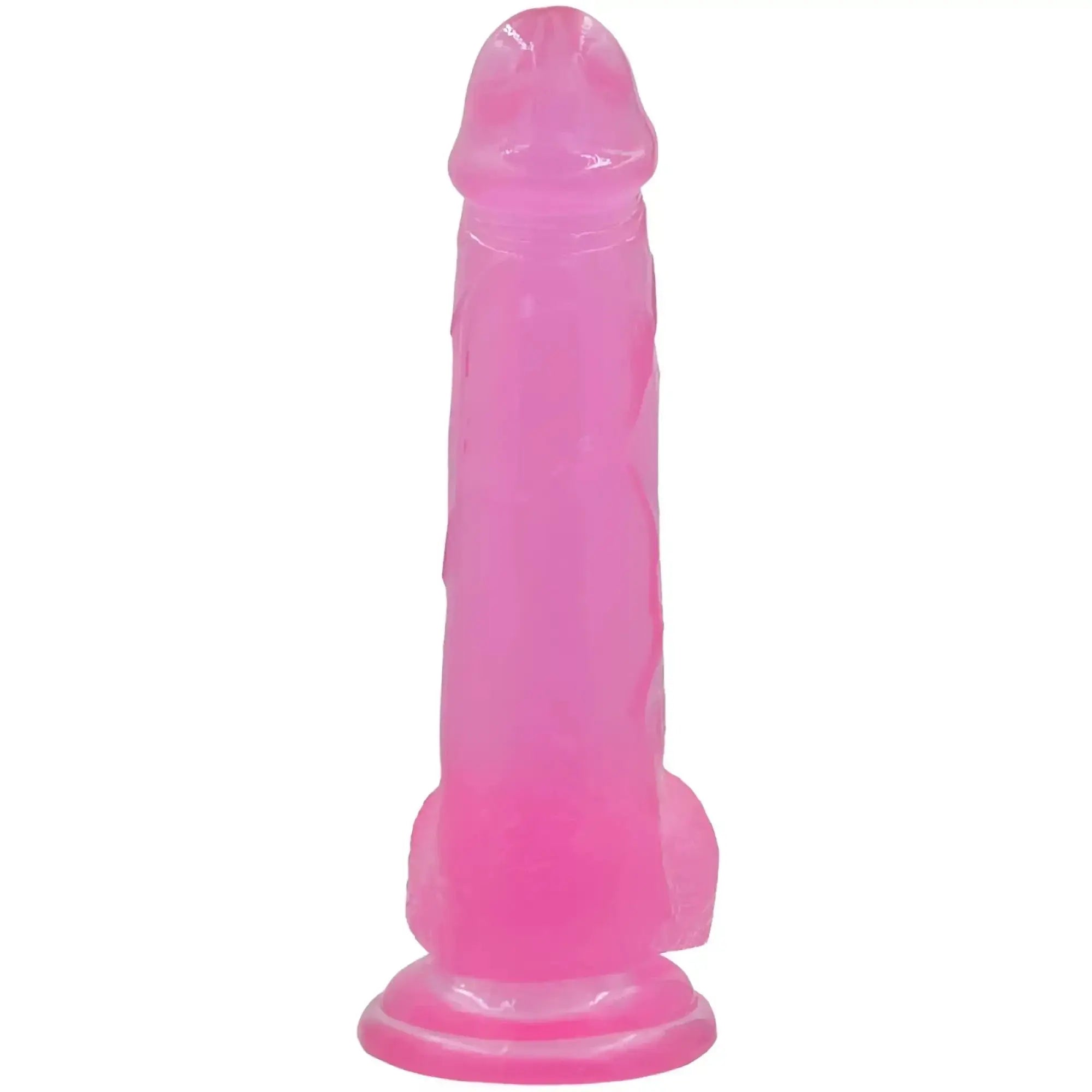 A translucent pink silicone dildo with a rounded head and textured shaft lovetoy jelly studs 8in crystal dildo large pink l