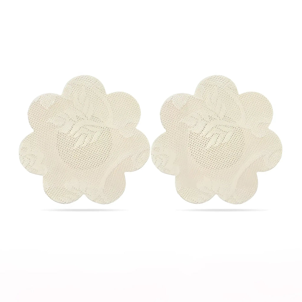 Cream-colored floral lace adhesive breast pads for nipple coverage by lovetoy in a twin pack
