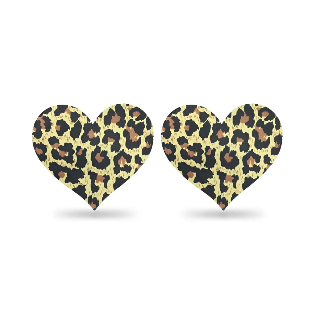 Heart-shaped stud earrings lovetoy leopard sexy nipple pasties twin pk with bold black and tan leopard print on creamy yellow background