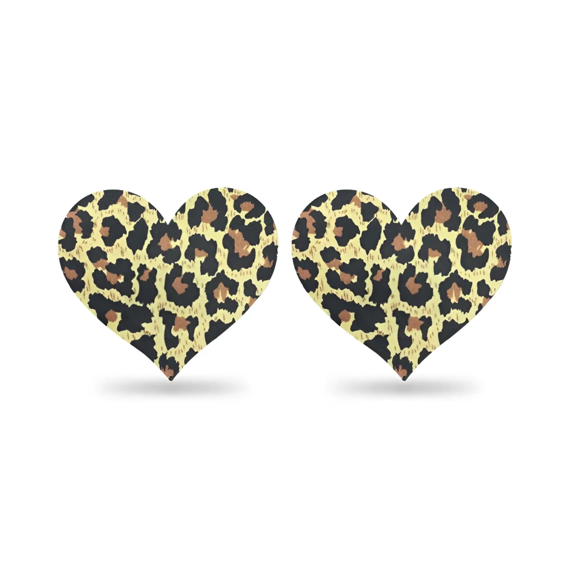 Heart-shaped stud earrings lovetoy leopard sexy nipple pasties twin pk with bold black and tan leopard print on creamy yellow background