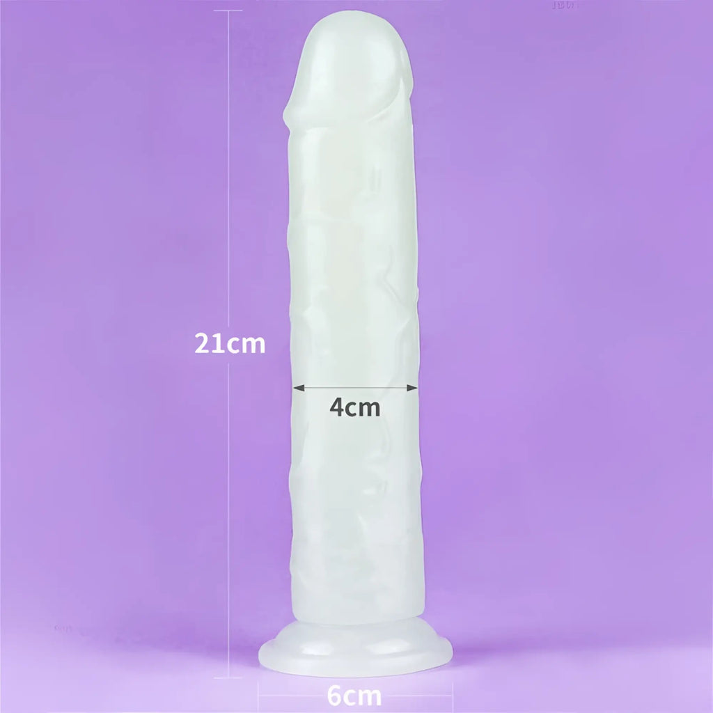 Lovetoy lumino play dildo 8in translucent white silicone with textured surface and rounded base standing 21cm tall