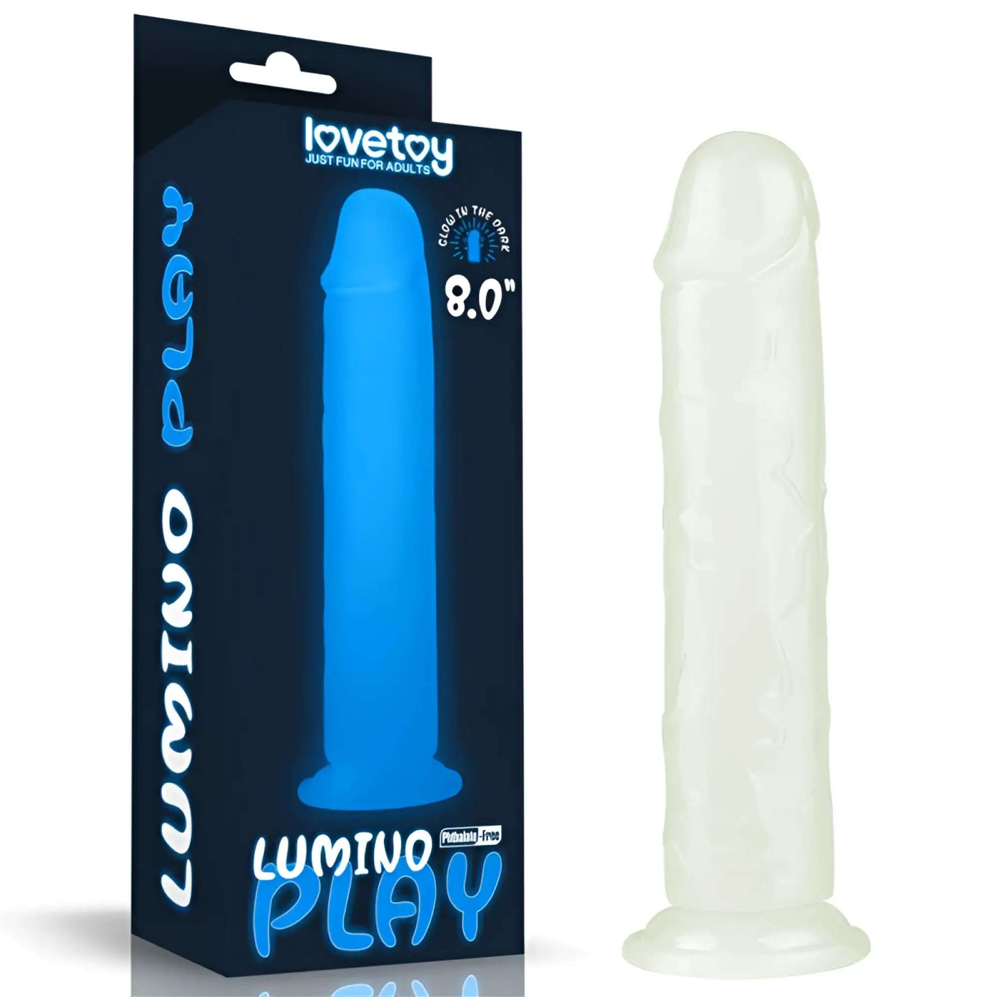 Lovetoy Lumino Play dildo 8in glow in the dark translucent white with textured ridges and smooth base for secure placement