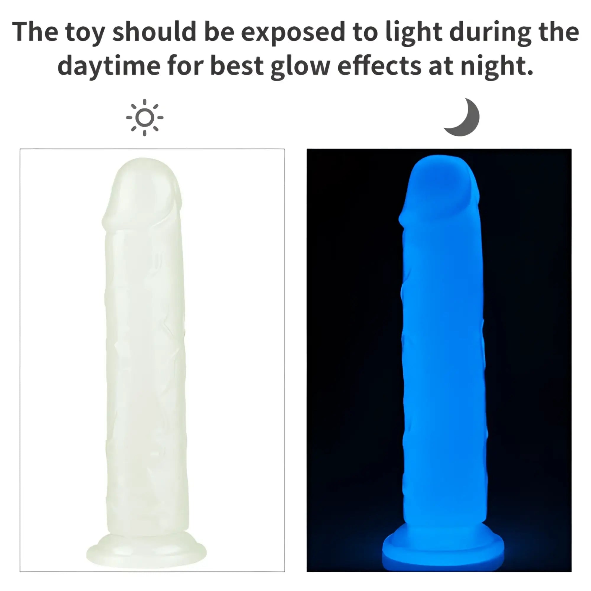 Lovetoy Lumino Play dildo 8in translucent white glow stick toy emitting vibrant blue light in darkness