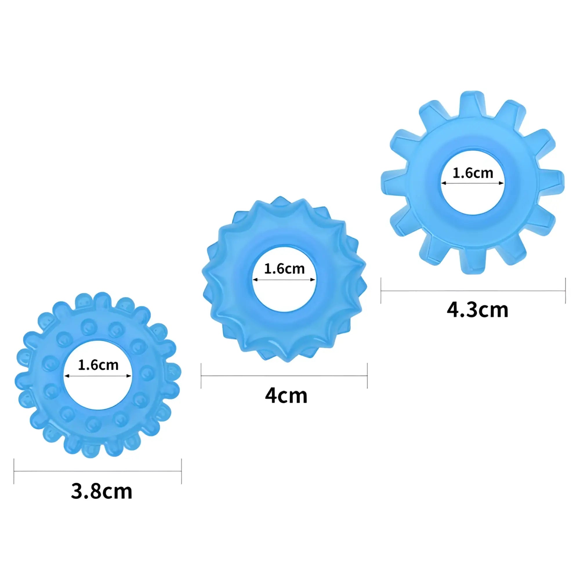 Lovetoy lumino play penis rings 3 pc blue silicone massage rollers with textured gear like surfaces in varying sizes