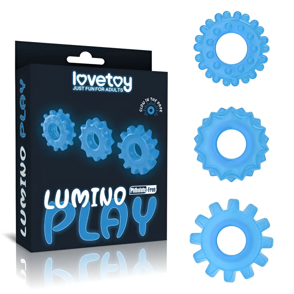 Set of three light blue gear-shaped silicone penis rings from the lovetoy lumino play collection