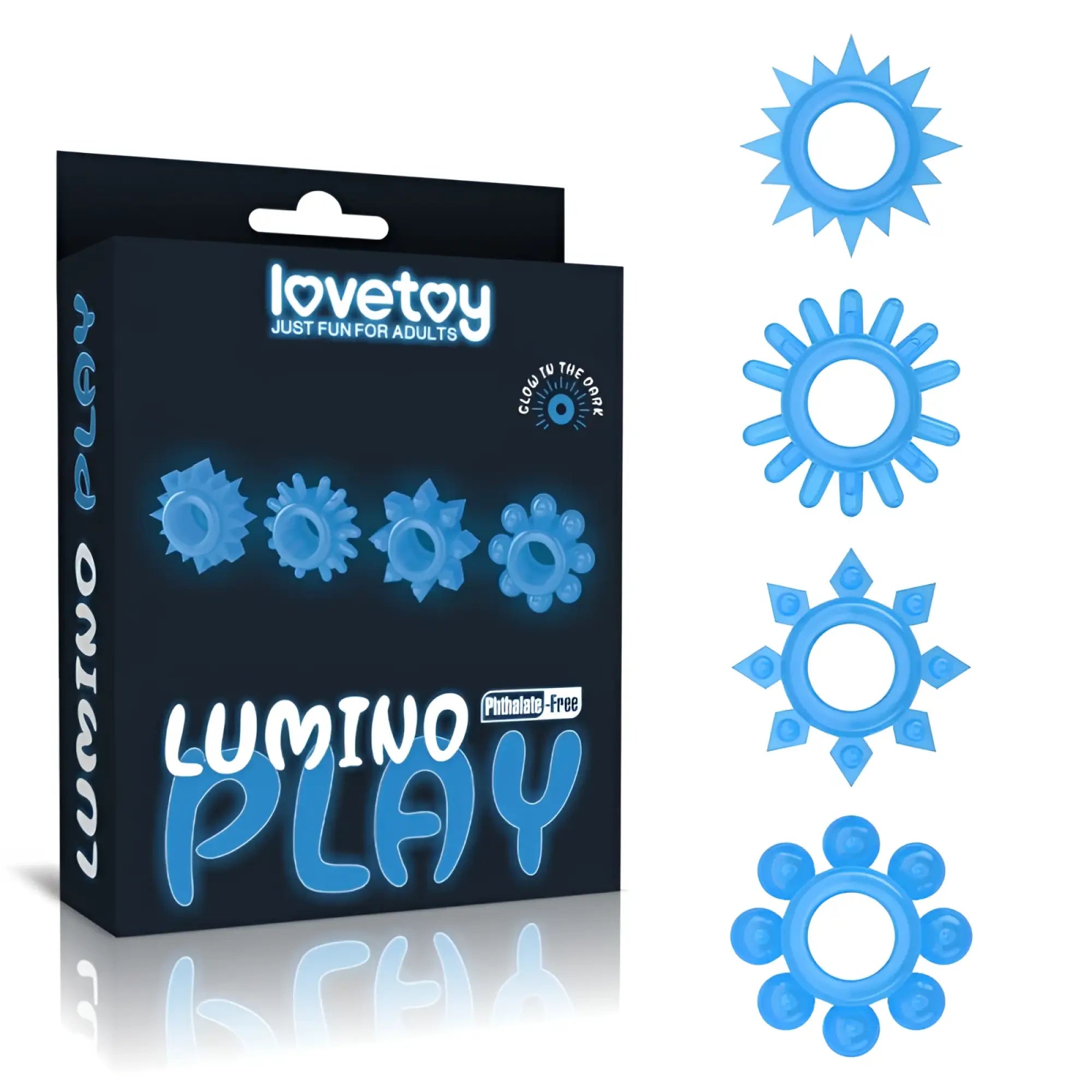 Blue silicone sun-shaped glow in the dark penis rings in lovetoy lumino play 4 pc package