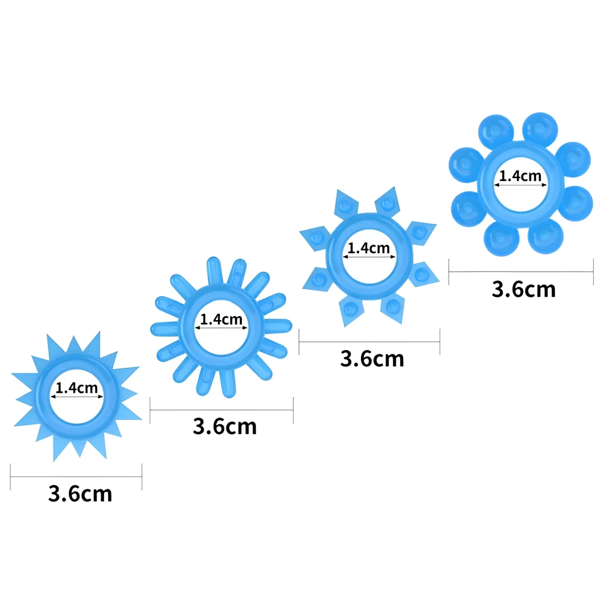 Blue silicone sun shaped suction cups of varying sizes in lovetoy lumino play penis rings 4 pc set