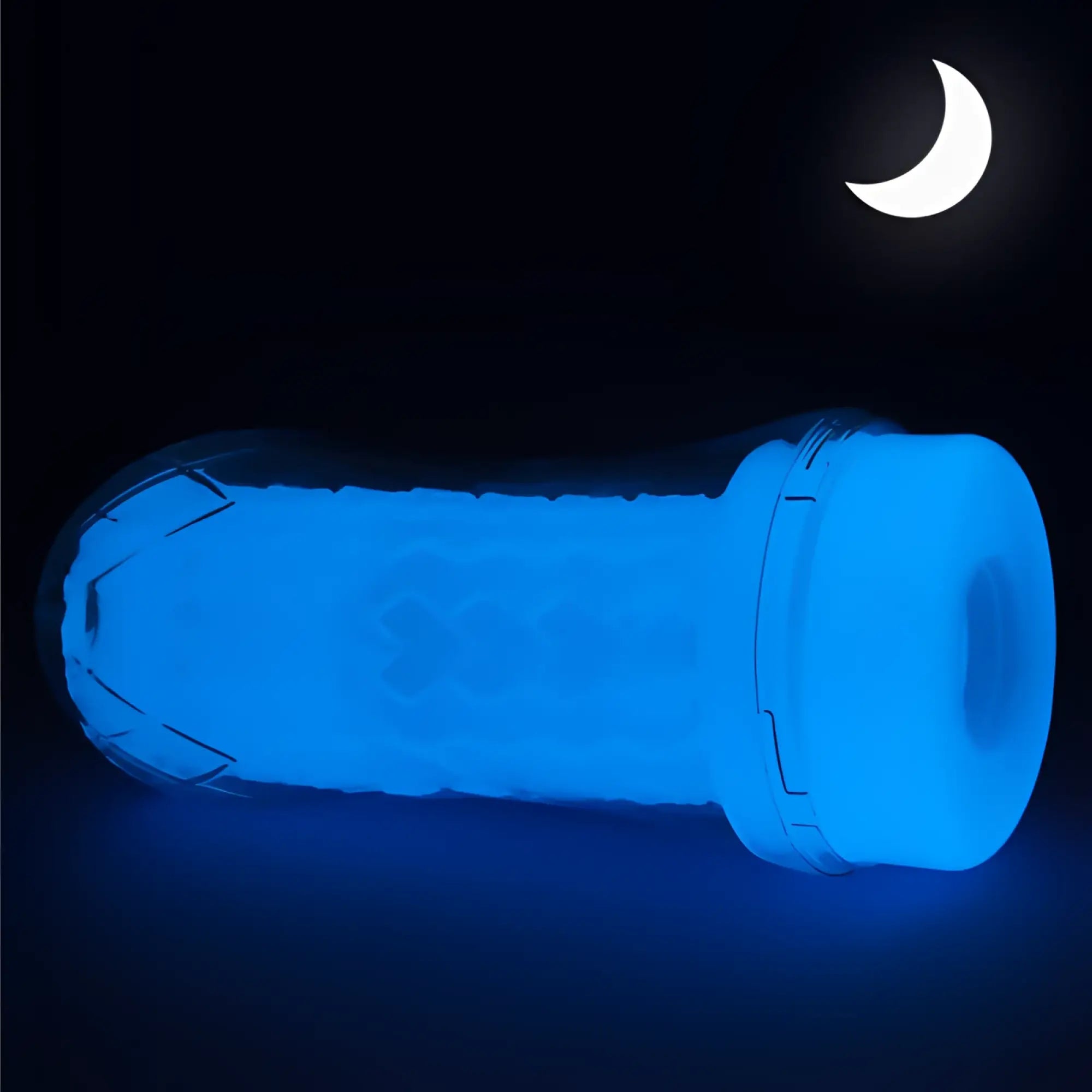 Blue glowing silicone lovetoy lumino play pocket masturbator with textured surface and circular end cap