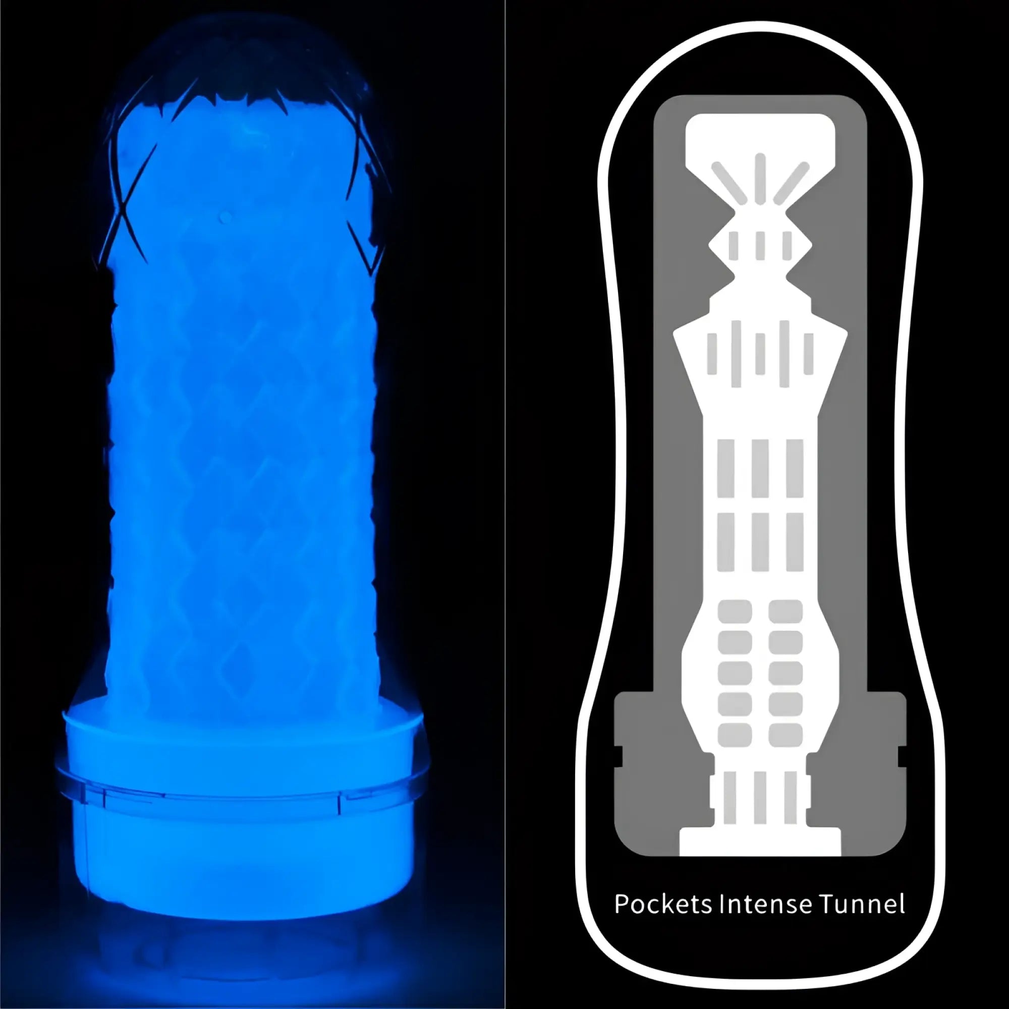 Blue translucent plastic lovetoy lumino play pocket masturbator tunnel with textured surface and ridged design pockets intense tunnel