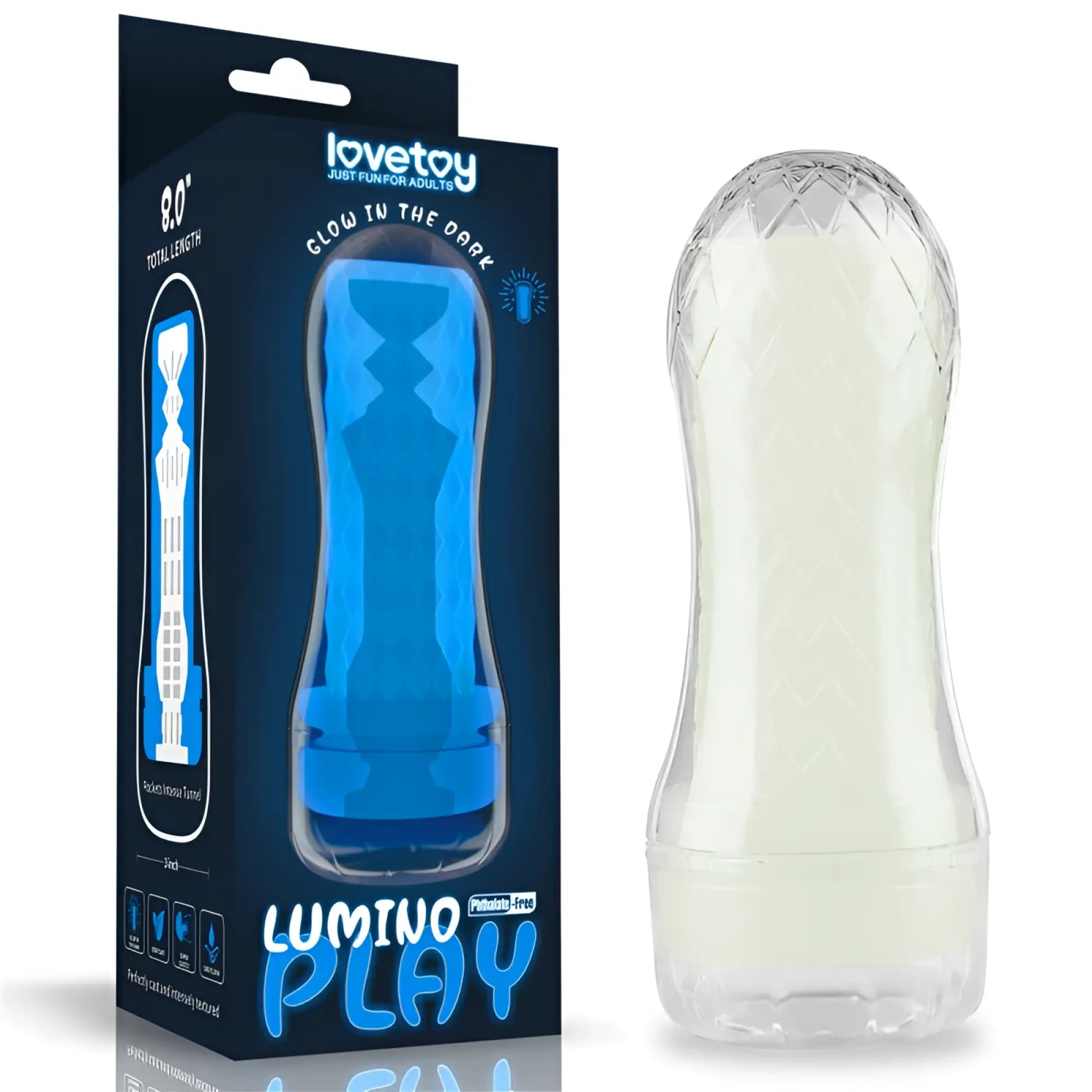Clear textured plastic lumino play glow-in-the-dark toy by lovetoy in the lovetoy lumino play pocket masturbator