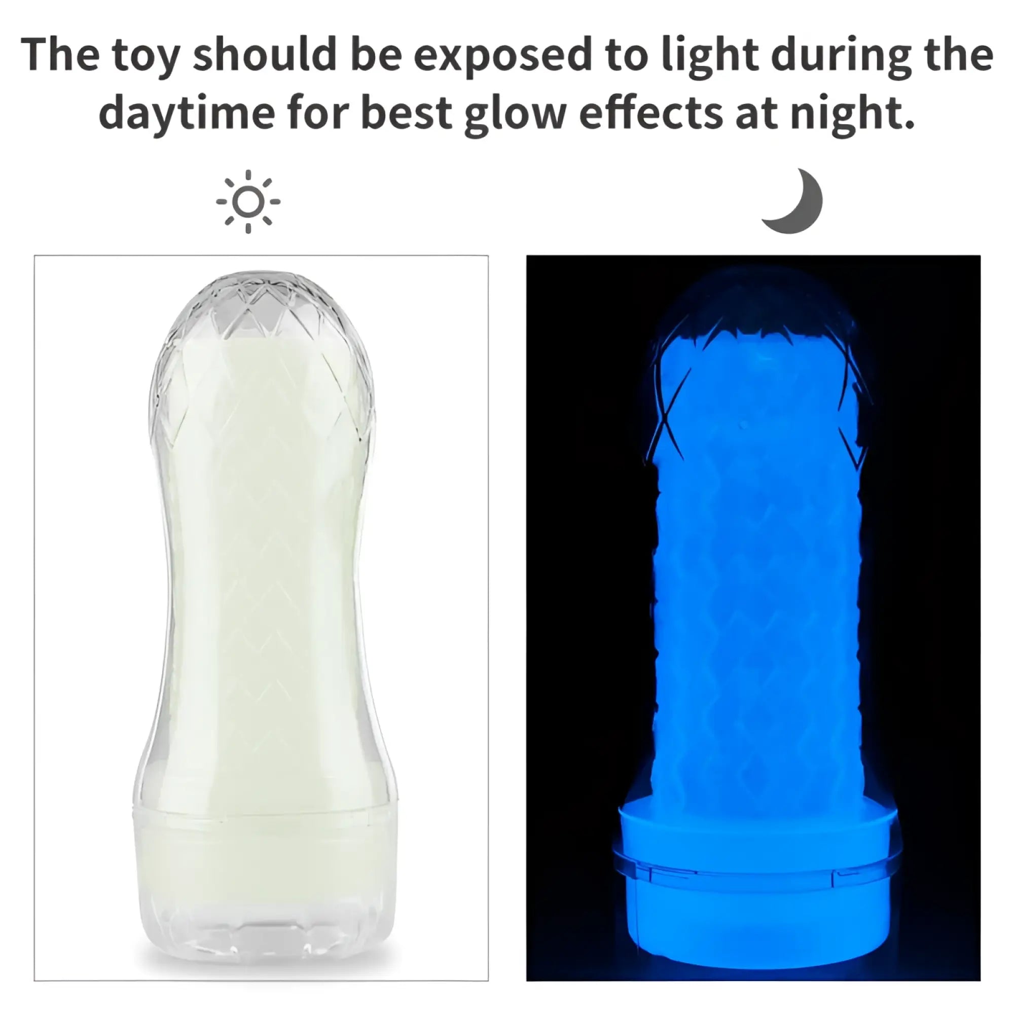 Lovetoy lumino play pocket masturbator translucent plastic toy with textured diamond pattern glowing bright blue