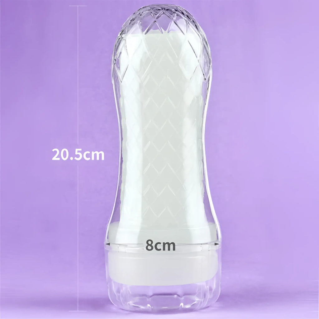 Lovetoy Lumino play pocket masturbator with transparent crystal-clear plastic container and white textured interior