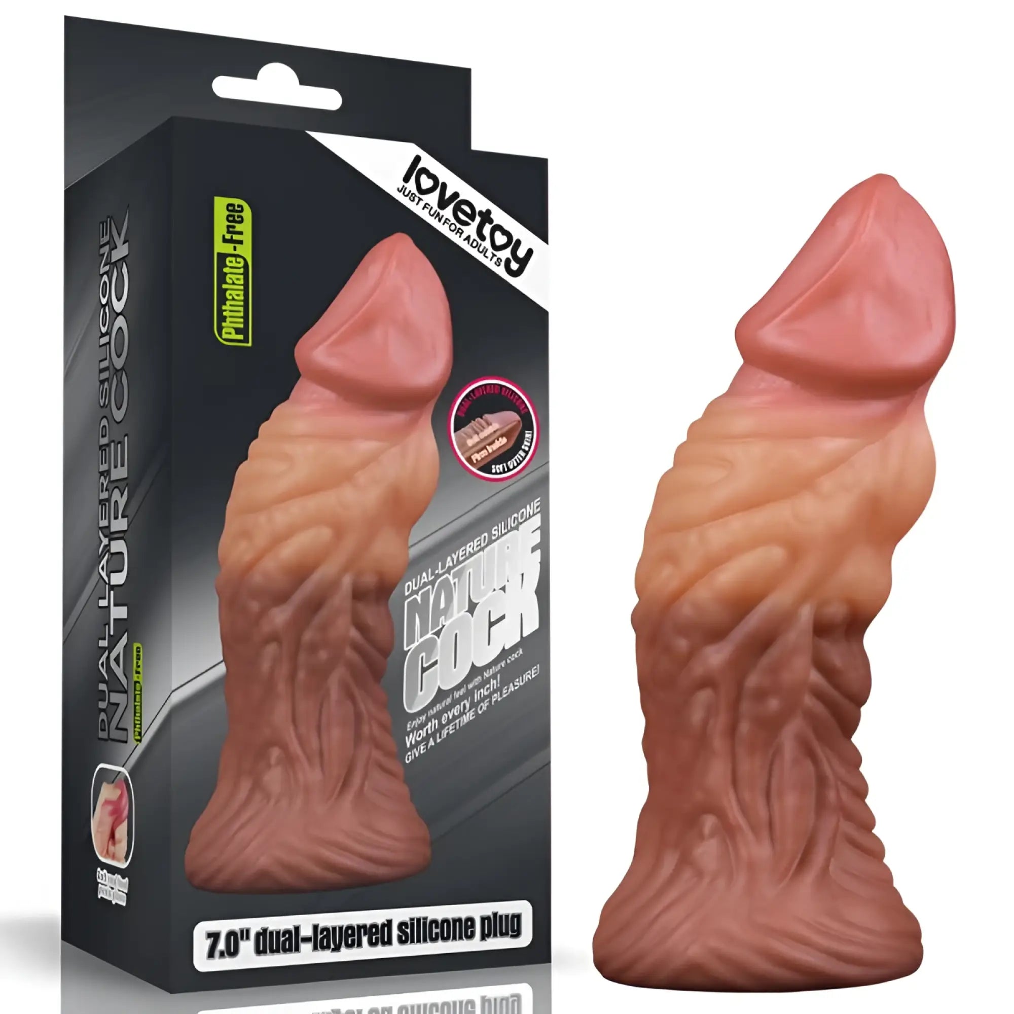 A 7.0-inch dual-layer silicone butt plug in natural skin tone with realistic texture by lovetoy