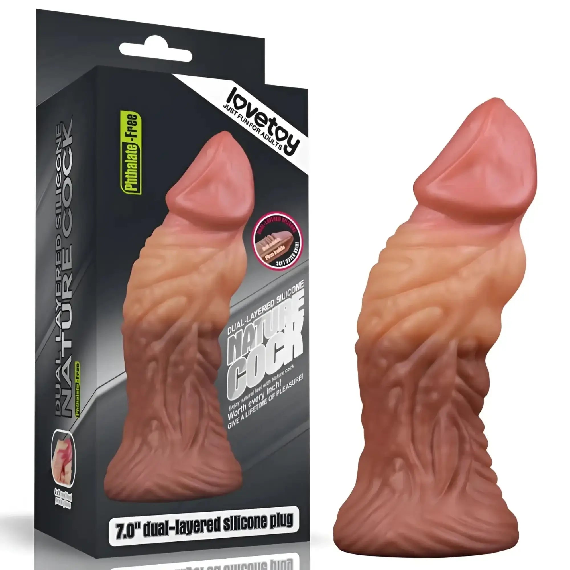 A 7.0-inch dual-layer silicone butt plug in natural skin tone with realistic texture by lovetoy