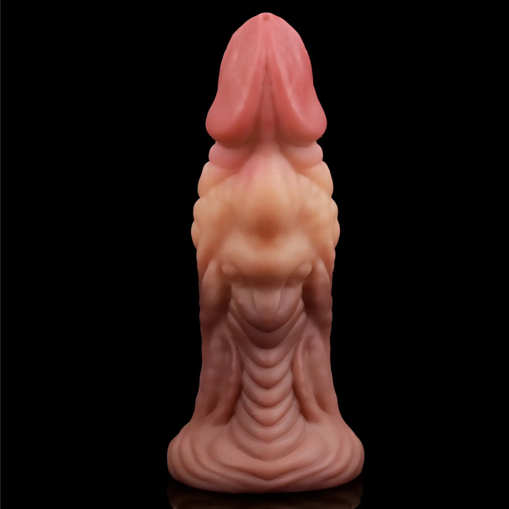 Pink silicone dildo with textured ridged base and detailed sculpted surface lovetoy nature cock 7in dual layer dildo