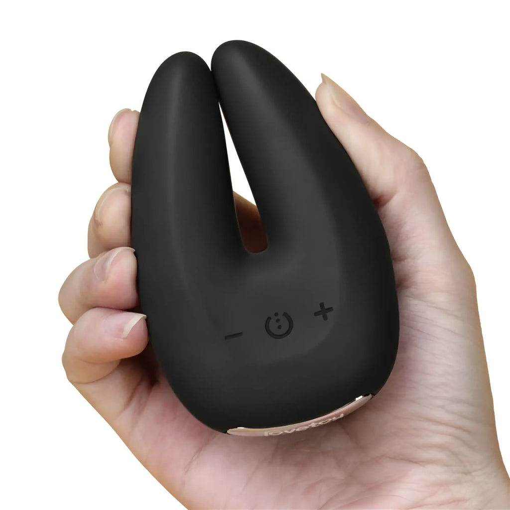 Lovetoy O Sensual Rapture dual motor clit massager vibrator in black silicone with matte finish and rose gold trim