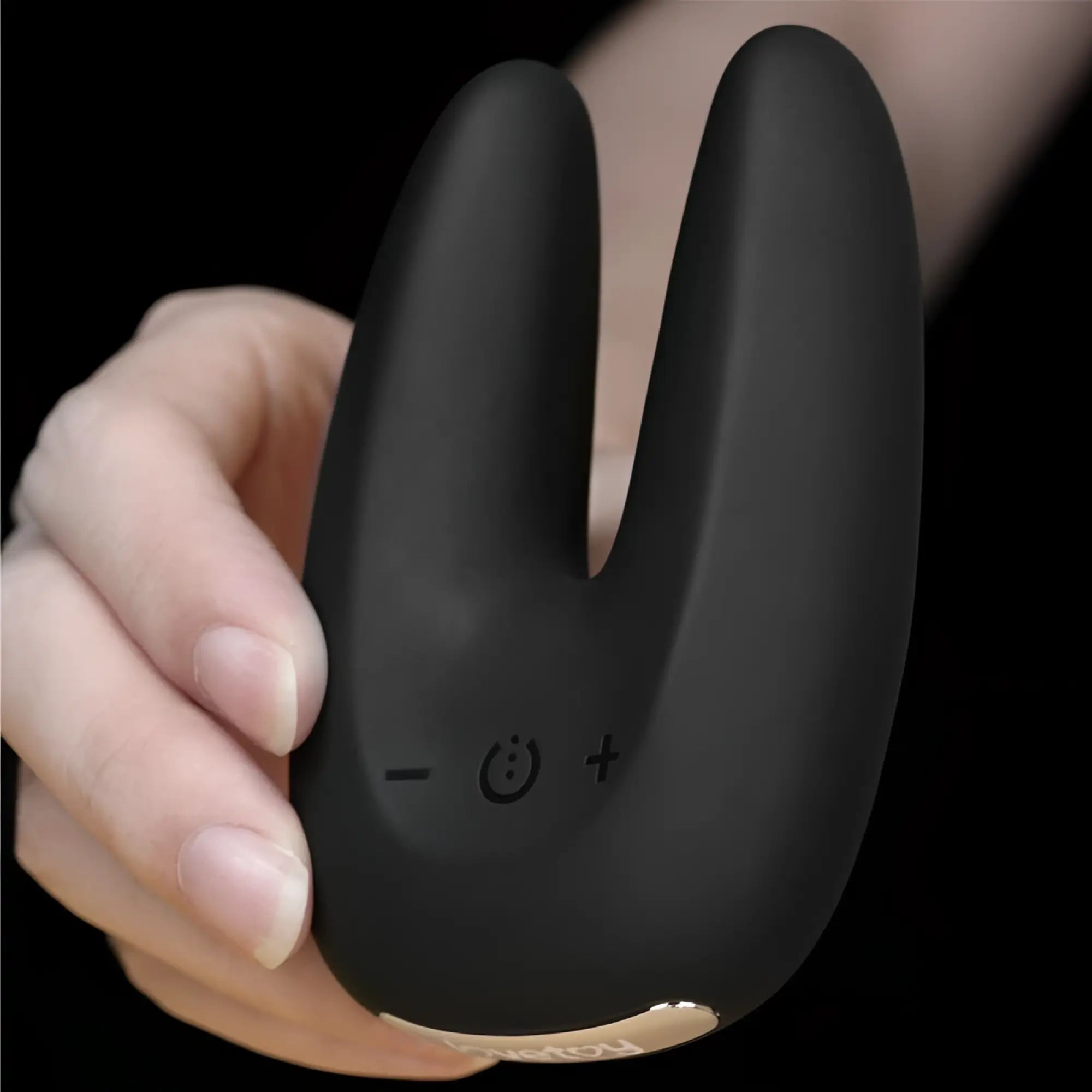 Black silicone rabbit-shaped vibrator with dual motors and power volume controls lovetoy o sensual rapture clit massager