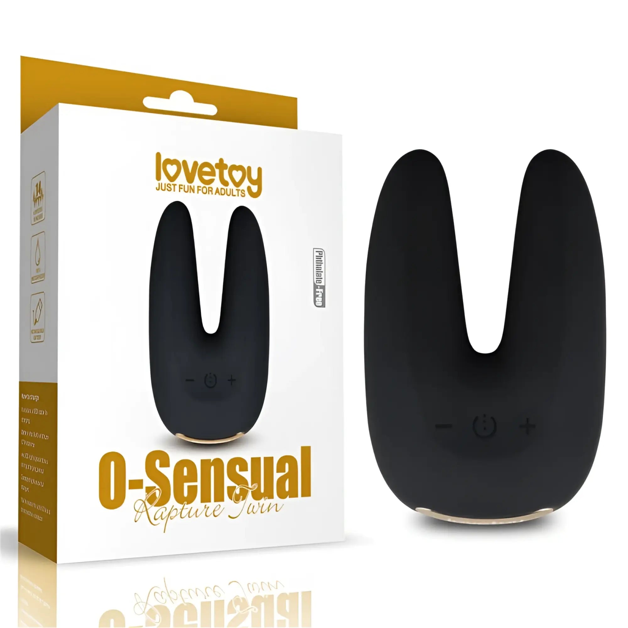 Black silicone lovetoy o sensual rapture dual motor clit massager vibrator with gold accented control buttons and base