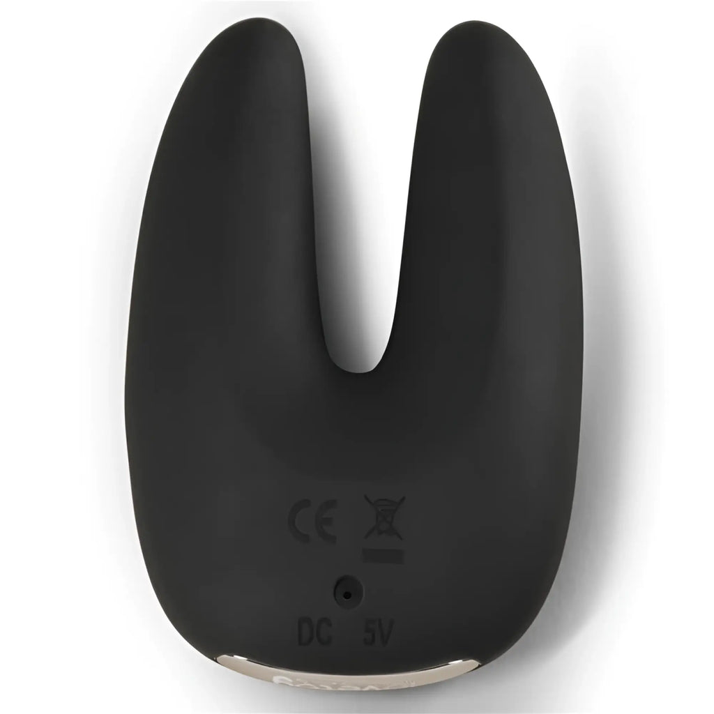 Black silicone u-shaped Lovetoy O Sensual Rapture dual motor clit massager vibrator with matte finish and metallic charging port
